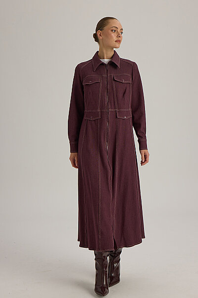  Dikiş Detaylı Denim Trenchkot Bordo 