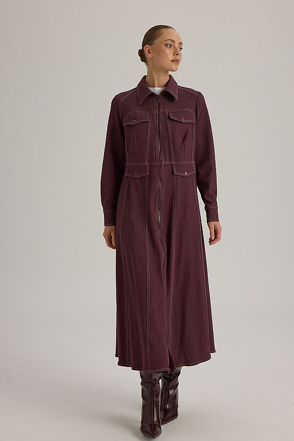  Dikiş Detaylı Denim Trenchkot Bordo - 1