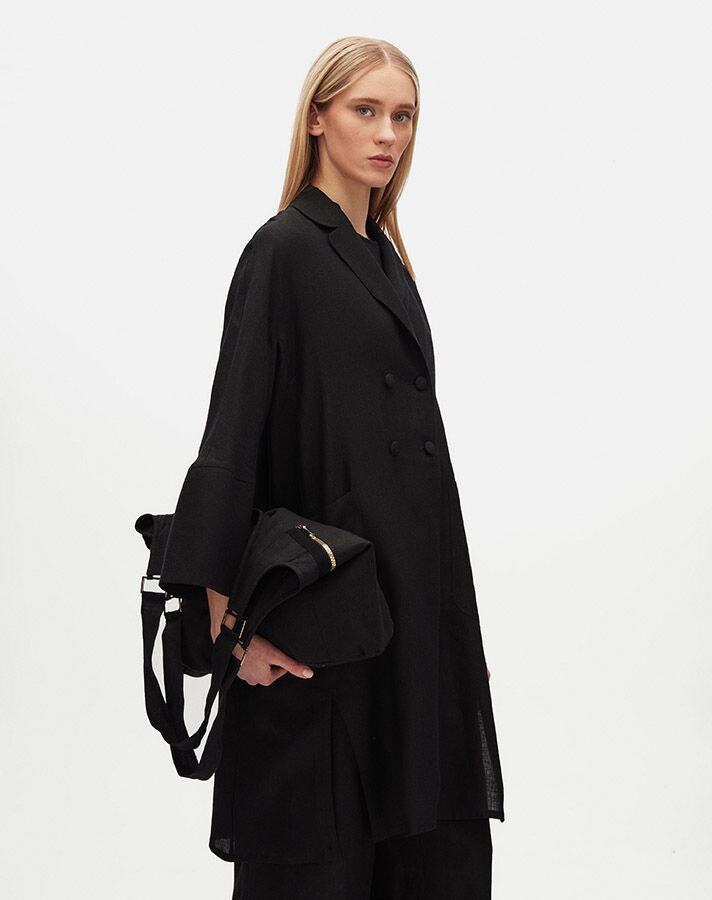 Double Breasted Linen Jacket with Side Slits - 4