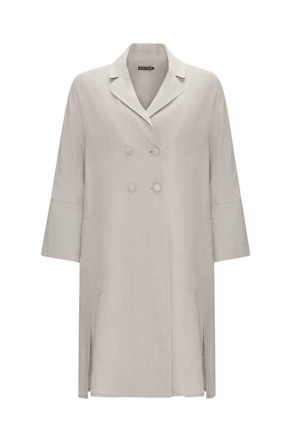 Double Breasted Linen Jacket with Side Slits - 6