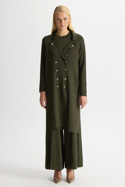 Düğme Detaylı Gömlek Yaka Triko Hırka Haki 