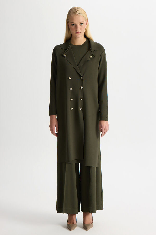 Düğme Detaylı Gömlek Yaka Triko Hırka Haki - 1