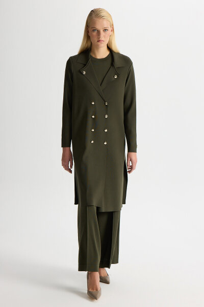 Düğme Detaylı Gömlek Yaka Triko Hırka Haki - 3