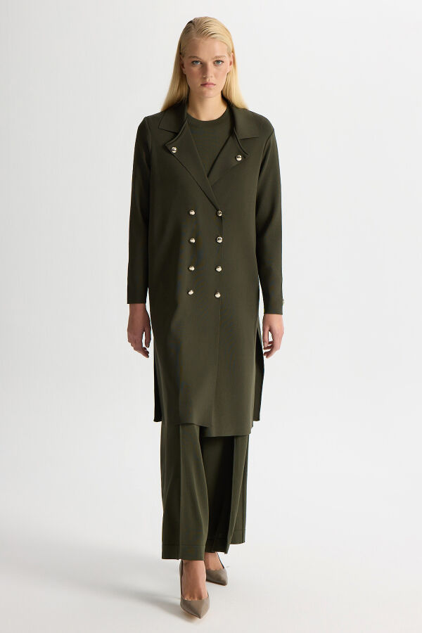 Düğme Detaylı Gömlek Yaka Triko Hırka Haki - 3