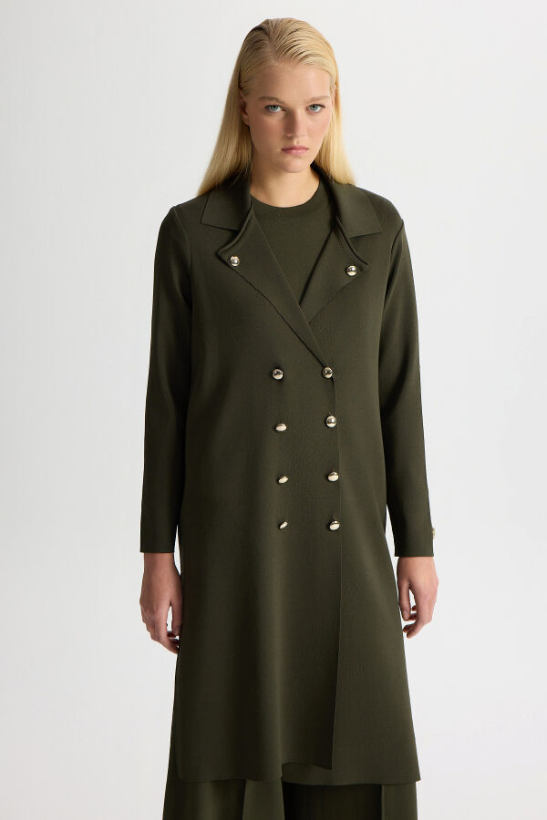 Düğme Detaylı Gömlek Yaka Triko Hırka Haki - 4