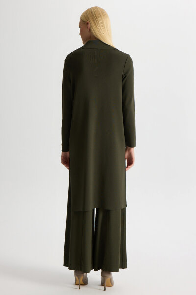 Düğme Detaylı Gömlek Yaka Triko Hırka Haki - 5