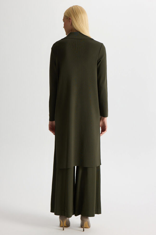 Düğme Detaylı Gömlek Yaka Triko Hırka Haki - 5