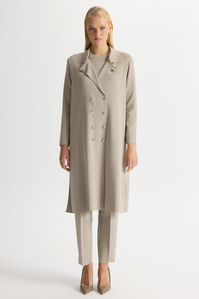 Düğme Detaylı Gömlek Yaka Triko Hırka Stone - 1