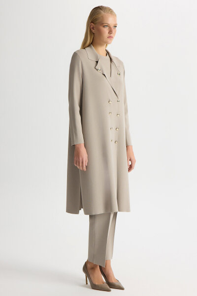 Düğme Detaylı Gömlek Yaka Triko Hırka Stone - 2