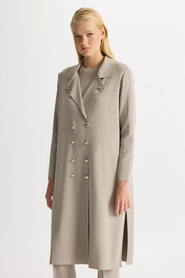 Düğme Detaylı Gömlek Yaka Triko Hırka Stone - 3