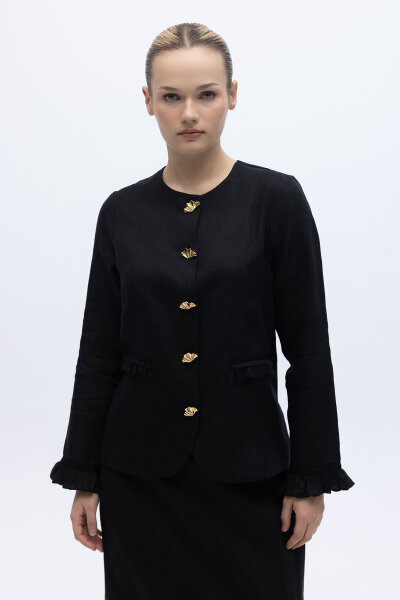 Düğme ve Fırfır Detaylı Detaylı Keten Ceket Siyah 