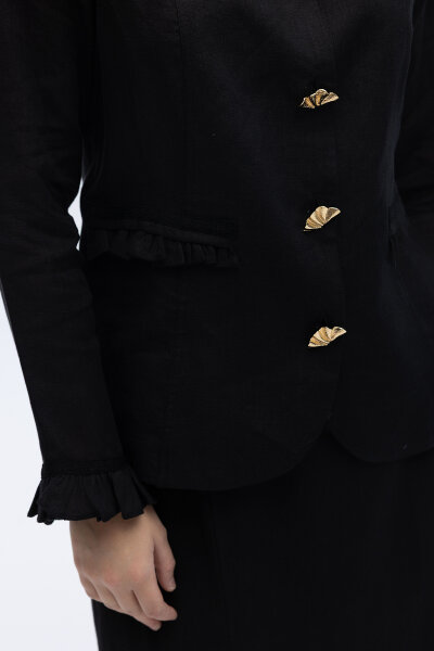 Düğme ve Fırfır Detaylı Detaylı Keten Ceket Siyah - 2