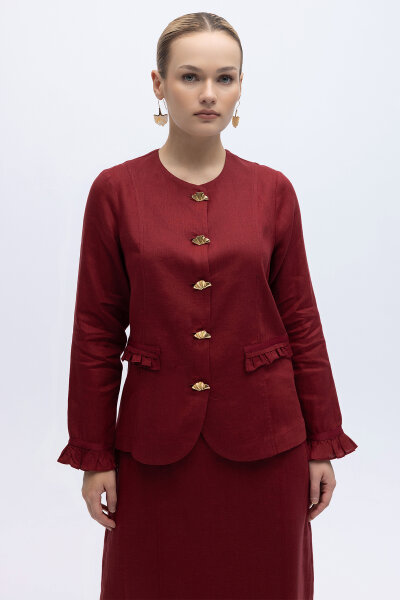 Düğme ve Fırfır Detaylı Detaylı Keten Ceket Cherry - 1