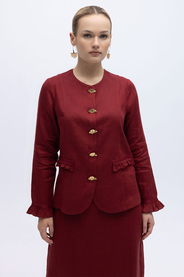 Düğme ve Fırfır Detaylı Detaylı Keten Ceket Cherry - 1