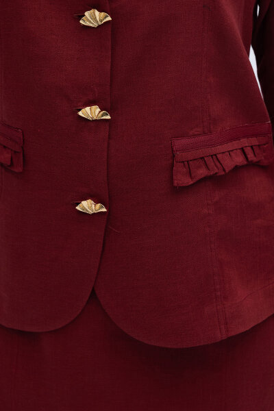 Düğme ve Fırfır Detaylı Detaylı Keten Ceket Cherry - 2