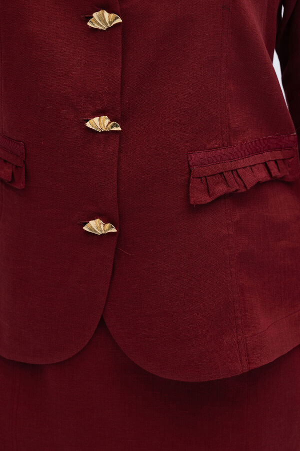 Düğme ve Fırfır Detaylı Detaylı Keten Ceket Cherry - 2