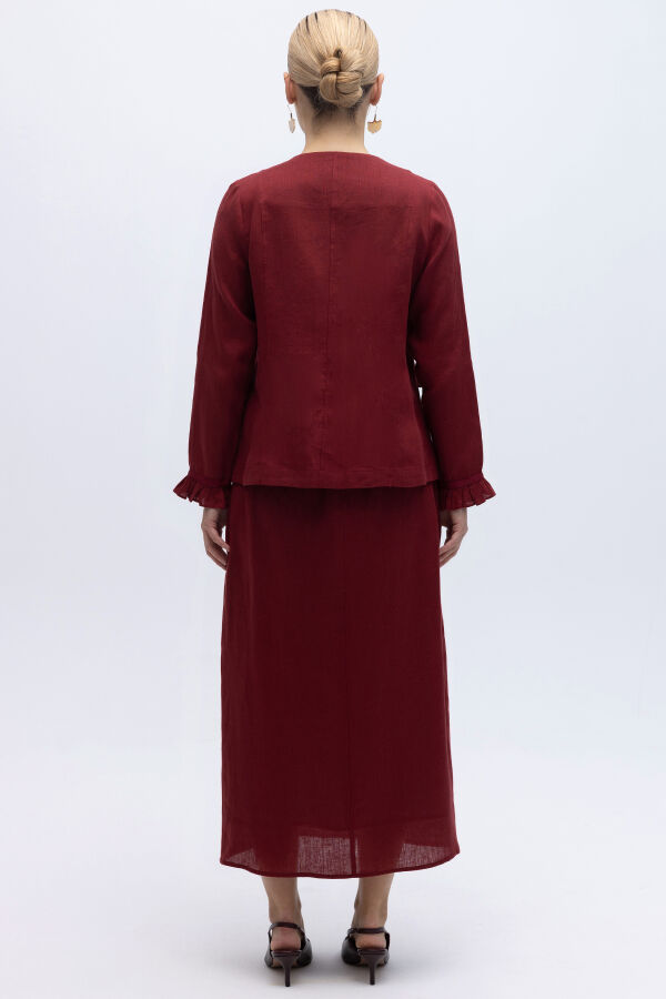 Düğme ve Fırfır Detaylı Detaylı Keten Ceket Cherry - 3