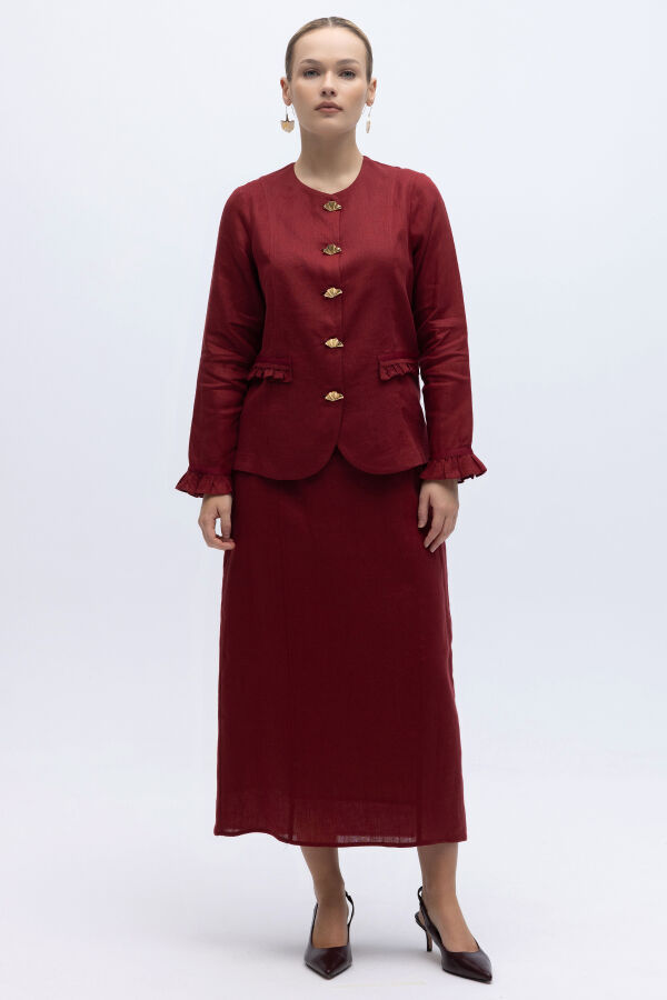 Düğme ve Fırfır Detaylı Detaylı Keten Ceket Cherry - 4