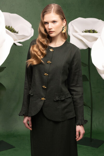 Düğme ve Fırfır Detaylı Detaylı Keten Ceket Haki 