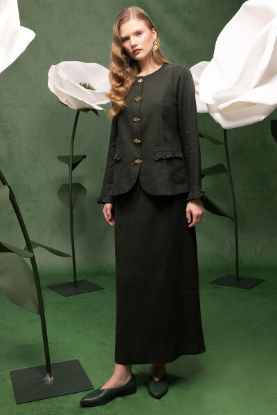 Düğme ve Fırfır Detaylı Detaylı Keten Ceket Haki - 3