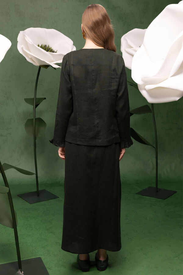 Düğme ve Fırfır Detaylı Detaylı Keten Ceket Haki - 4