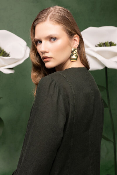 Düğme ve Fırfır Detaylı Detaylı Keten Ceket Haki - 5