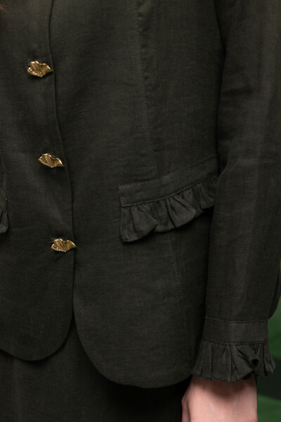 Düğme ve Fırfır Detaylı Detaylı Keten Ceket Haki - 6