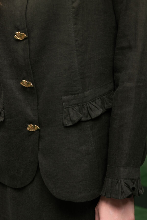 Düğme ve Fırfır Detaylı Detaylı Keten Ceket Haki - 6