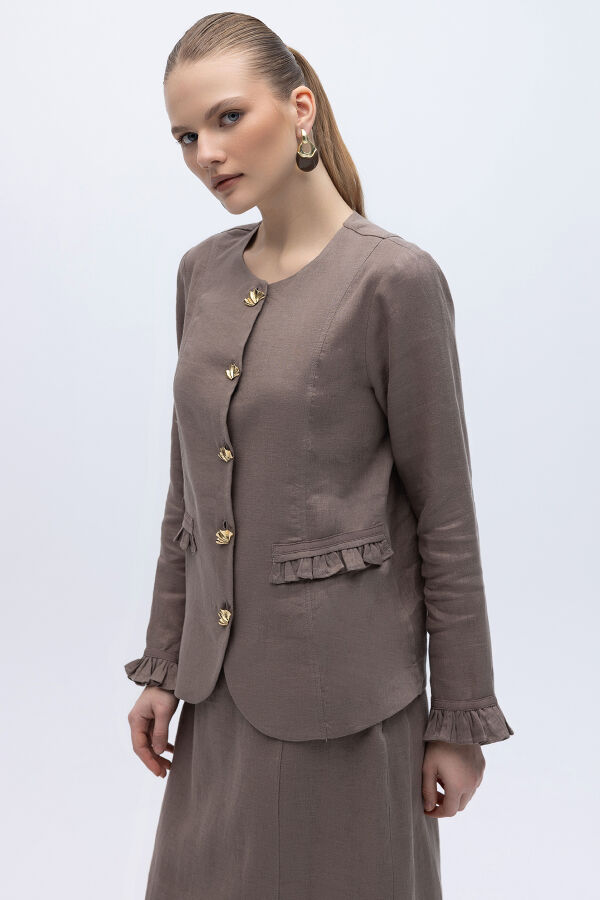 Düğme ve Fırfır Detaylı Detaylı Keten Ceket Mink - 1