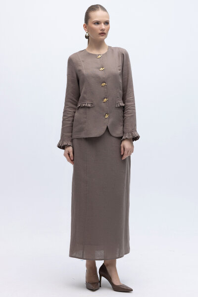 Düğme ve Fırfır Detaylı Detaylı Keten Ceket Mink - 3