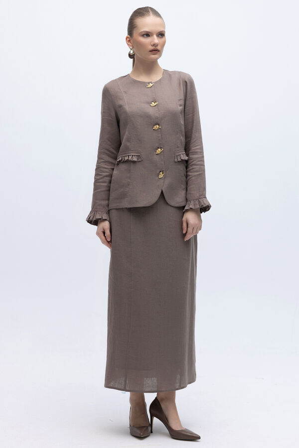 Düğme ve Fırfır Detaylı Detaylı Keten Ceket Mink - 3