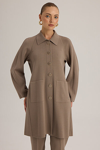 Düğmeleri Kendi Renginde Triko Hırka Vizon - 3