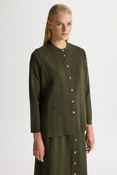 Düğmeli Klasik Triko Ceket Haki - 1
