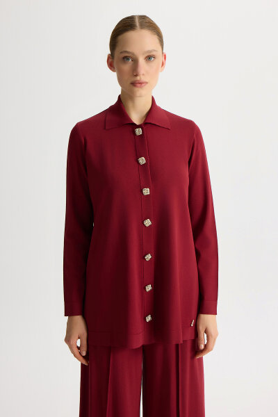 Düğmeli Şık Triko Ceket Cherry - MISS DALIDA