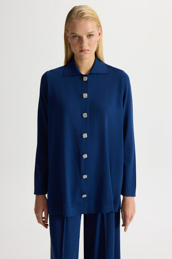 Düğmeli Şık Triko Ceket Navy - 1