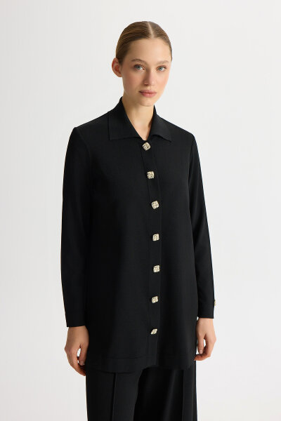 Düğmeli Şık Triko Ceket Siyah 