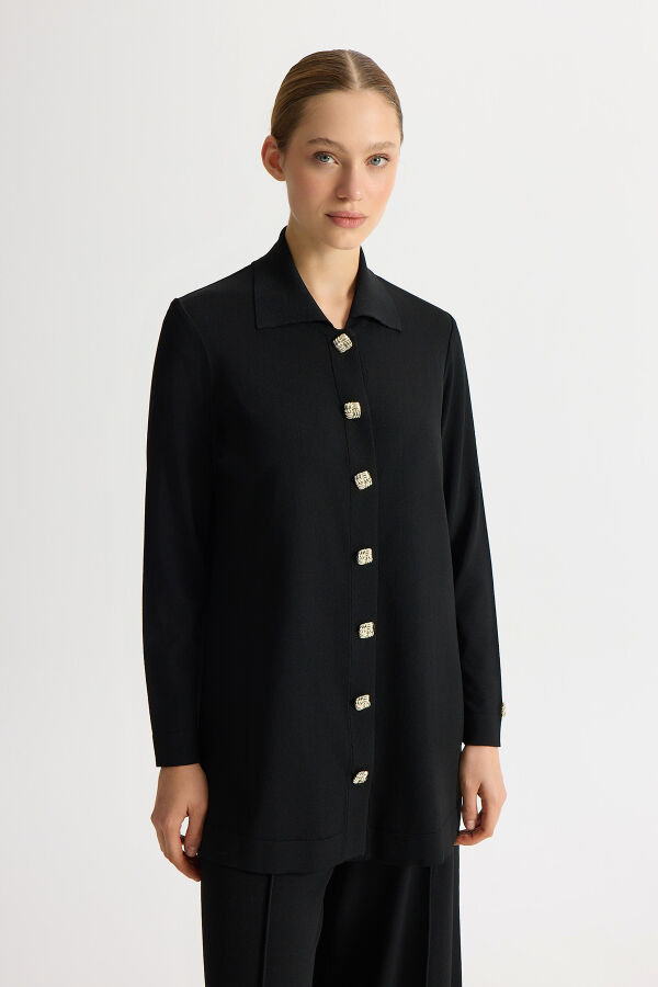 Düğmeli Şık Triko Ceket Siyah - 1