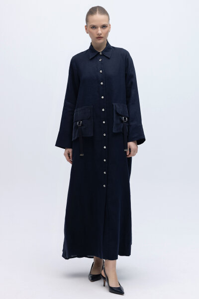 Düğmeli Uzun Keten Kap Siyah - 1