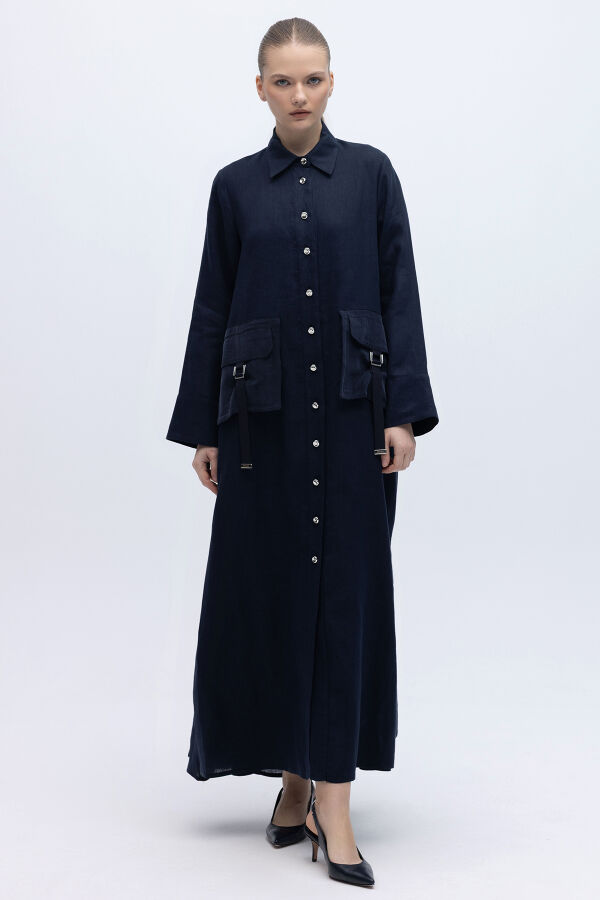 Düğmeli Uzun Keten Kap Siyah - 1