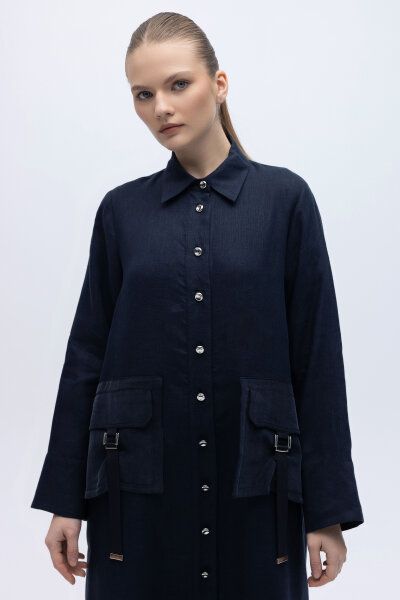 Düğmeli Uzun Keten Kap Siyah - 2