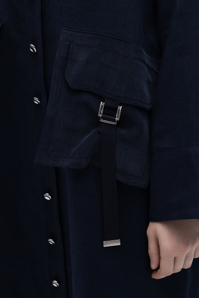 Düğmeli Uzun Keten Kap Siyah - 3