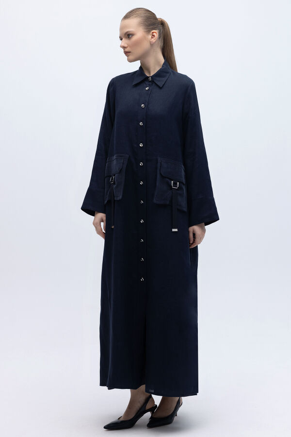 Düğmeli Uzun Keten Kap Siyah - 5