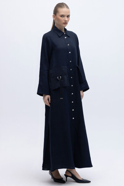 Düğmeli Uzun Keten Kap Siyah - 6