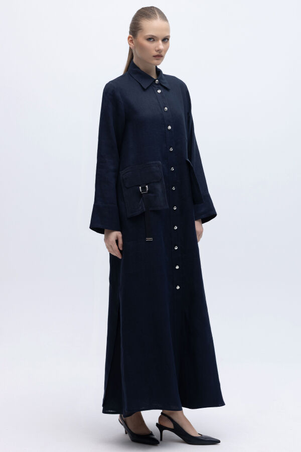 Düğmeli Uzun Keten Kap Siyah - 6