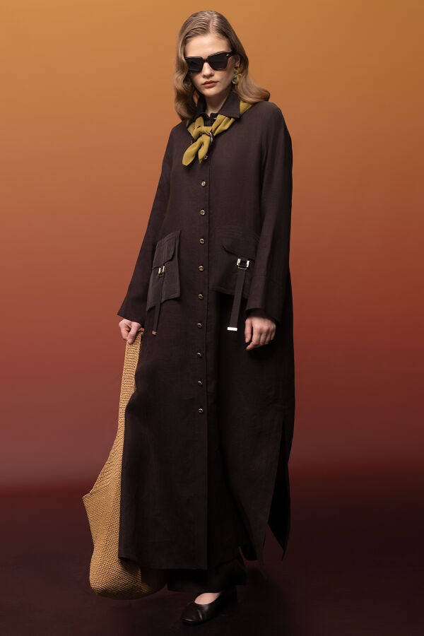 Düğmeli Uzun Keten Kap Kahverengi - 1