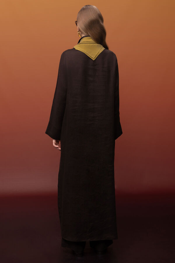 Düğmeli Uzun Keten Kap Kahverengi - 2