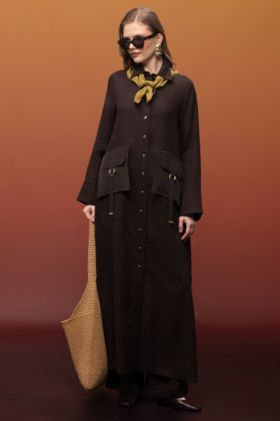 Düğmeli Uzun Keten Kap Kahverengi - 3