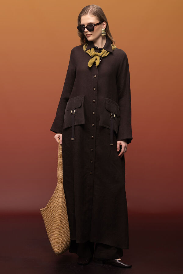 Düğmeli Uzun Keten Kap Kahverengi - 3