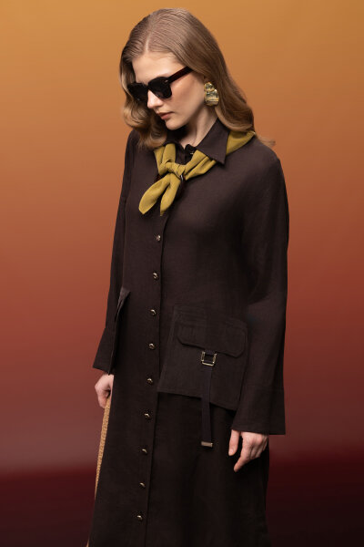 Düğmeli Uzun Keten Kap Kahverengi - 4