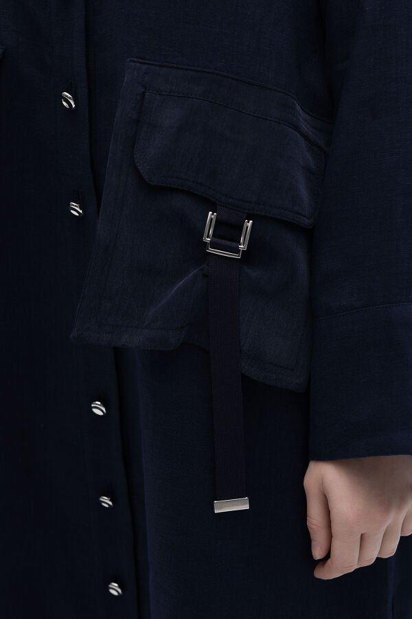 Düğmeli Uzun Keten Kap Lacivert - 3